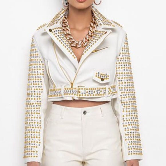 Callie Lives White Gold Azalea Wang Ivory l Studded Rhinestone Moto Jacket Large - Picture 1 of 8